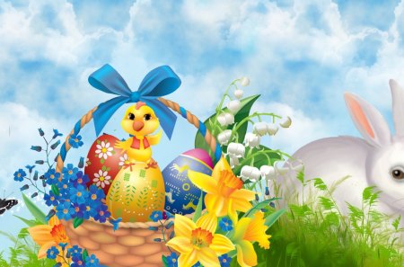 Easter Bunny Chick - chick, sky, easter, sunday, basket, bunny, spring, eggs, chicken, rabbit, bow, ribbon, flowers, grass