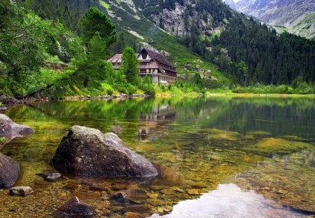 Lakeshore chalet - cottage, riverbank, reflection, river, lake, mountain, peaks, nature, beautiful, rest, waters, stones, cabin, nice, lakeshore, trees, greenery, clear, mirrored, hotel, rocks, calm, crystal, quiet, pretty, emerald, green, house, cliffs, summer, shore, lovely, serenity, chalet