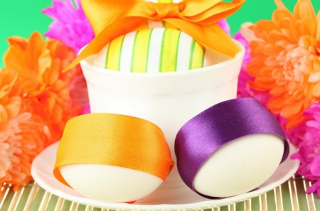 Easter Colors - eggs, mums, still life, easter, flowers, easter eggs, holiday, bow, ribbons