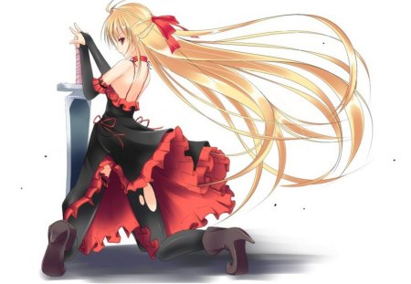 Sword Princess - Cute, Sweet, Red Eyes, Blonde Hair, Princess, wabisabi, Anime, Black Dress, Girl, Original, Long Hair, doa, Red Dress, Sword