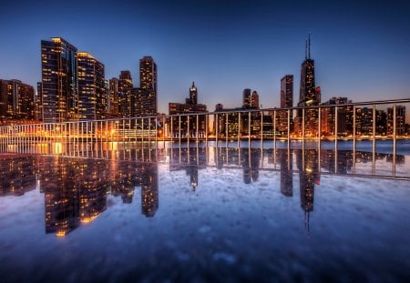 wonderful cityscape reflection hdr - lights, pool, terrace, city, night, hdr