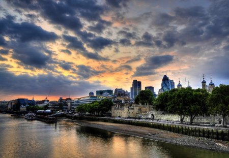 wonderful city view, new and old - old, modern, clouds, river, city, sunset