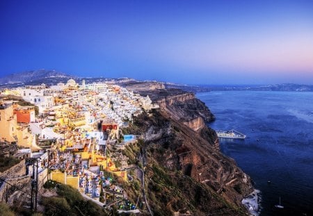 great view of santorini island hdr - cliff, lights, ship, hdr, sky, dusk, town, island, sea