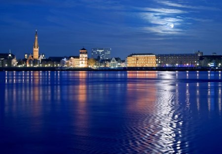 moon over city riverfront - reflection, clouds, river, city, moon