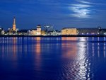 moon over city riverfront