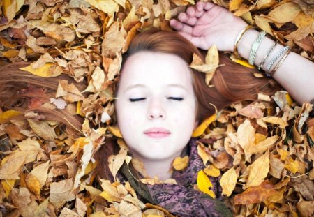 cute girl - white beauty, yellow, sleep, leaves