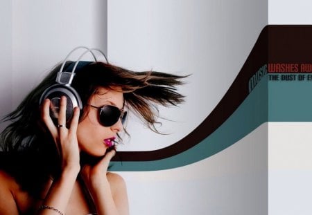 rocking girl - sunglass, red lips, headphone, wind hair