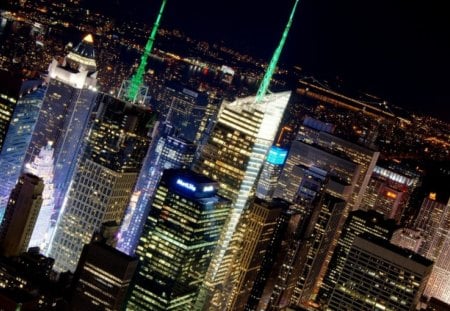 sharp angled view of nyc - lights, skyscrapers, city, angle, night