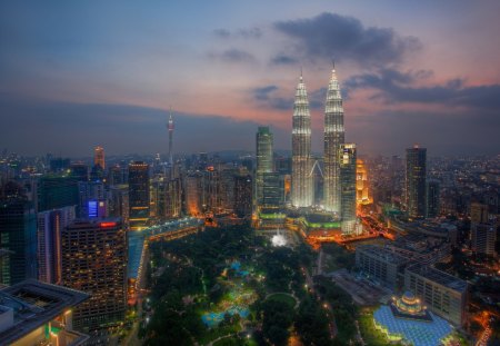 city park and great skyscrapers in kuala lumpur hdr - skysctapers, evening, park, city, hdr, lights