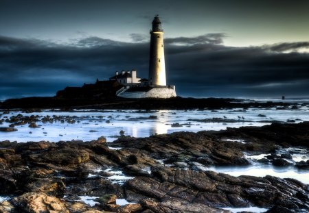 wonderful lighthouse on a rocky shore - shore, lighthose, clouds, rocks