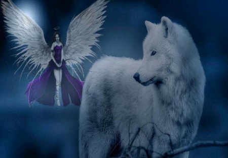 Angel Watching Over Me - wolf, abstract, angel, animals, fantasy