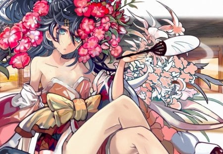 Anime Girl w/Flowers - flowers, anime, girl, fan