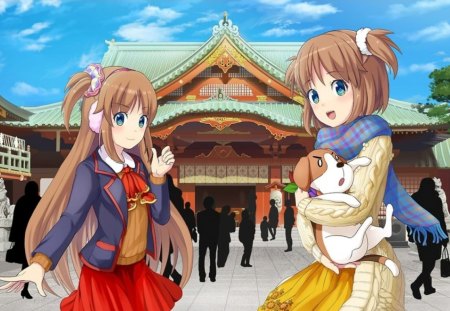 Wanna join Us - anime, kawaii, people, female, dog, long hair, short hair, shrine, animal, puppy, nice, sky, house, anime girl, beautiful, hot, girl, beauty, lovely, brown hair, sweet, temple, cloud, cute, sexy, building