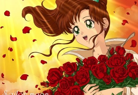 Makoto - nice, beauty, female, roses, hot, makoto, bouquet, anime girl, rose, brown hair, pretty, petals, anime, sailor jupiter, cute, sexy, girl, magical girl, light, long hair, lovely, sailor moon, green eyes, floral, beautiful, blossom, sweet, sailormoon, smile, happy, flower