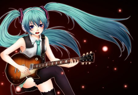 Hatsune Miku - anime, vocaloid, female, hatsune miku, green hair, long hair, dark, guitar, superstar, sparks, blue eyes, idol, anime girl, twintails, hot, singer, girl, black, miku, diva, cute, hatsune, sexy, vocaloids