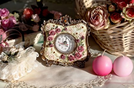 Floral vintage clock - pretty, floral, cool, vintage, clock, still life, flower