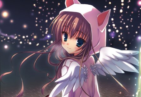 Neko Angel - pretty, star, anime, kawaii, female, wing, ears, nekomimi, angel, light, pink, long hair, dark, sparks, nice, neko, anime girl, girl, feather, lovely, brown hair, sweet, glow, neko mimi, wings, cute