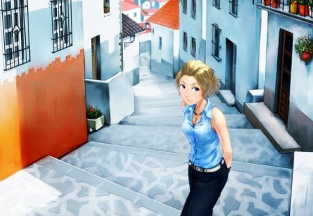 My house just down There - pretty, anime, female, scenery, town, scene, blonde, blond hair, short hair, staircase, blond, nice, pants, blue eyes, house, anime girl, hot, girl, city, blonde hair, scenic, lovely, brown hair, sweet, blouse, cute, stair, sexy, building