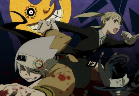 Maka Albarn, Soul Eater Evans And Blair - Cute, Soul Eater Evans, White Hair, Red Eyes, Boy, Blonde Hair, Night, Smile, Green Eyes, Anime, Dark, Maka Albarn, Blood, Long Hair, Black cat, Moon, Girls, Short Hair, Blair, Soul Eater