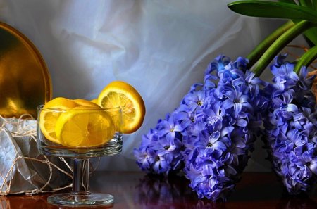 Spring flowers - glass, flowers, spring, fruits, harmony, yellow, blue, nature, hyacinths, lemon