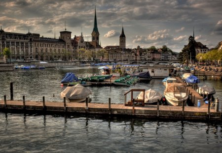 marina on a beautiful city river hdr - boats, river, marina, docks, hdr, city