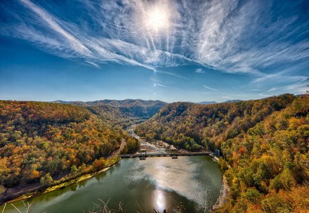 dam on a lovely river hdr - clouds, river, forests, damn, hills, hdr