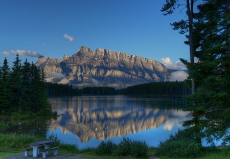 perfect spot for a picnic - lake, forest, reflection, mountain, picnic table