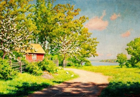 Spring in countryside - blossoms, cabin, spring, path, countryside, fresh, garden, lake, yard, cottage, house, trees, water, freshness, fence, blooming, village, nature, peaceful