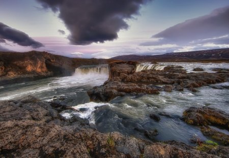 mighty river waterfall - waterfall, clouds, rocks, river