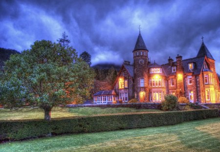 gorgeous mansion at dusk hdr - dusk, lights, mansion, lawn, tree, hdr