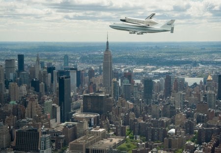 the enterprise over empire state building - city, shuttle, skyscrapers, plane