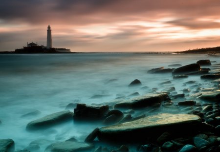 lighthouse on an island in a misty sea - lighthouse, clouds, island, shore, sea, mist