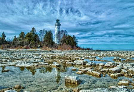 fantastic lighthouse in a forest hdr - clouds, lighthouse, pool, hdr, forest, rocks