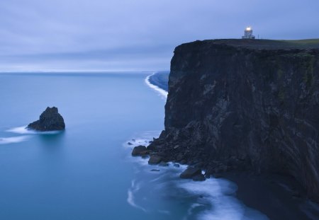 lighthouse over mystical seacoast - lighthouse, mist, cliff, sea, rocks