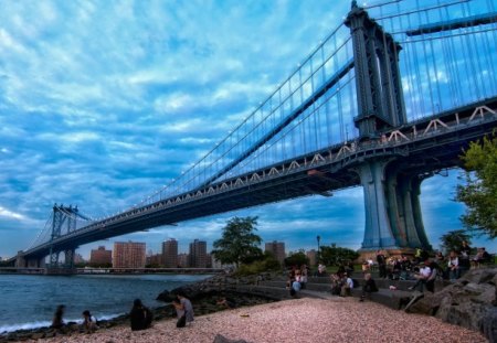 people hanging out under manhattan bridge at dusk - new york, sky, people, wallpaper, clouds, river, city, architecture, bridge, waterfront, bridges, manhattan, dusk, new