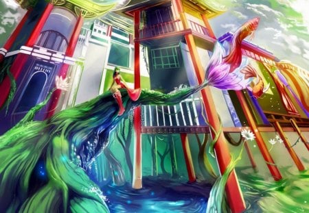 Life Flower - nice, beauty, female, magic, water, colorful, fantasy, pretty, multicolor, anme girl, anime, color, house, building, girl, lovely, floral, beautiful, fish, sweet, flower