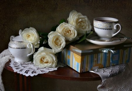 Still Life - rose, flowers, white roses, still life, cup, box, roses, petals, tea, photography, nature