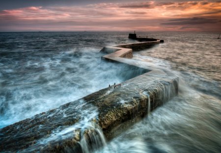 zigzag cement pier in misty sea - sunset, mist, sea, cement, pier