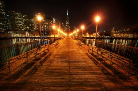 fantastic wooden pier in frisco at night - pier, lamps, city, night, waterfront