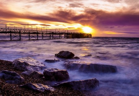 amazing sea pier at sunset hdr - pier, clouds, hdr, shore, sunset, sea, rocks