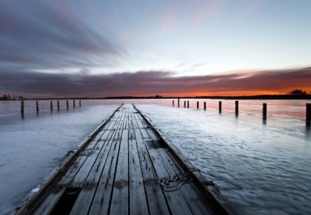 old wooden pier on a lake at sundown - lake, pier, sundown, mist, pylons