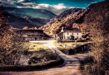 wonderful country farm hdr - clouds, barn, hdr, road, mountains, farm