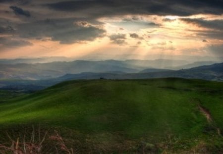 Light Ray Shining Down - sky, landscape, day, light, nature, clouds, green, ray, grass