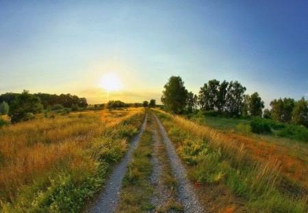 beautiful countryside sunset - fields, trees, road, sunset