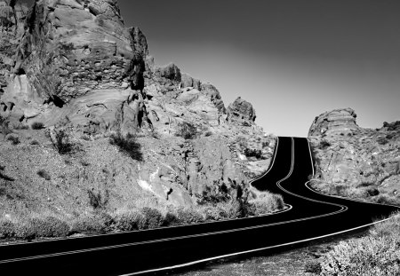 blacktop in the desert - highway, blacktop, desert, rocks