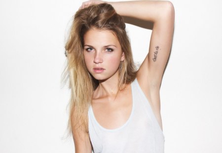 cool girl - blonde face, white, tattoo, dress