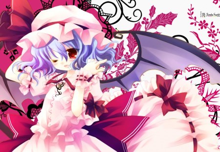 Remilia Scarlet - anime, kawaii, female, wing, dress, wink, pink, short hair, touhou, blue hair, purple hair, hat, gown, anime girl, girl, cap, red eyes, wings, cute, remilia scarlet