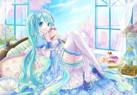 Hatsune Miku - nice, bed, gift, female, hot, anime girl, box, window, petals, anime, miku, cute, hatsune miku, sexy, girl, twintails, long hair, present, gown, lovely, hatsune, vocaloids, green eyes, vocaloid, sweet, bedroom, smile, green hair, dress, happy