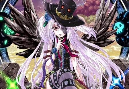 Hatter Angel - female, hot, hat, angel, wings, anime girl, fantasy, red eyes, anime, feather, eyepatch, cute, sexy, girl, long hair, patches, wing, bandages