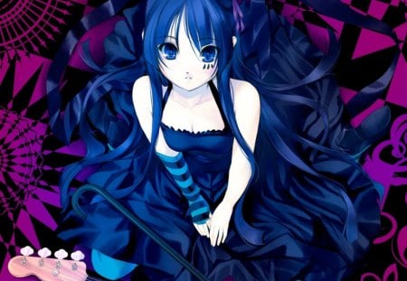 Akiyama Mio - anime, female, blue, dress, long hair, akiyama mio, superstar, blue hair, akiyama, blue eyes, idol, gown, anime girl, hot, singer, girl, k on, diva, cute, mio, sexy